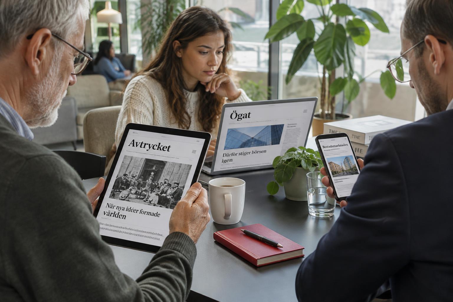 Läsare med digitala magasin på dator, surfplatta och mobil