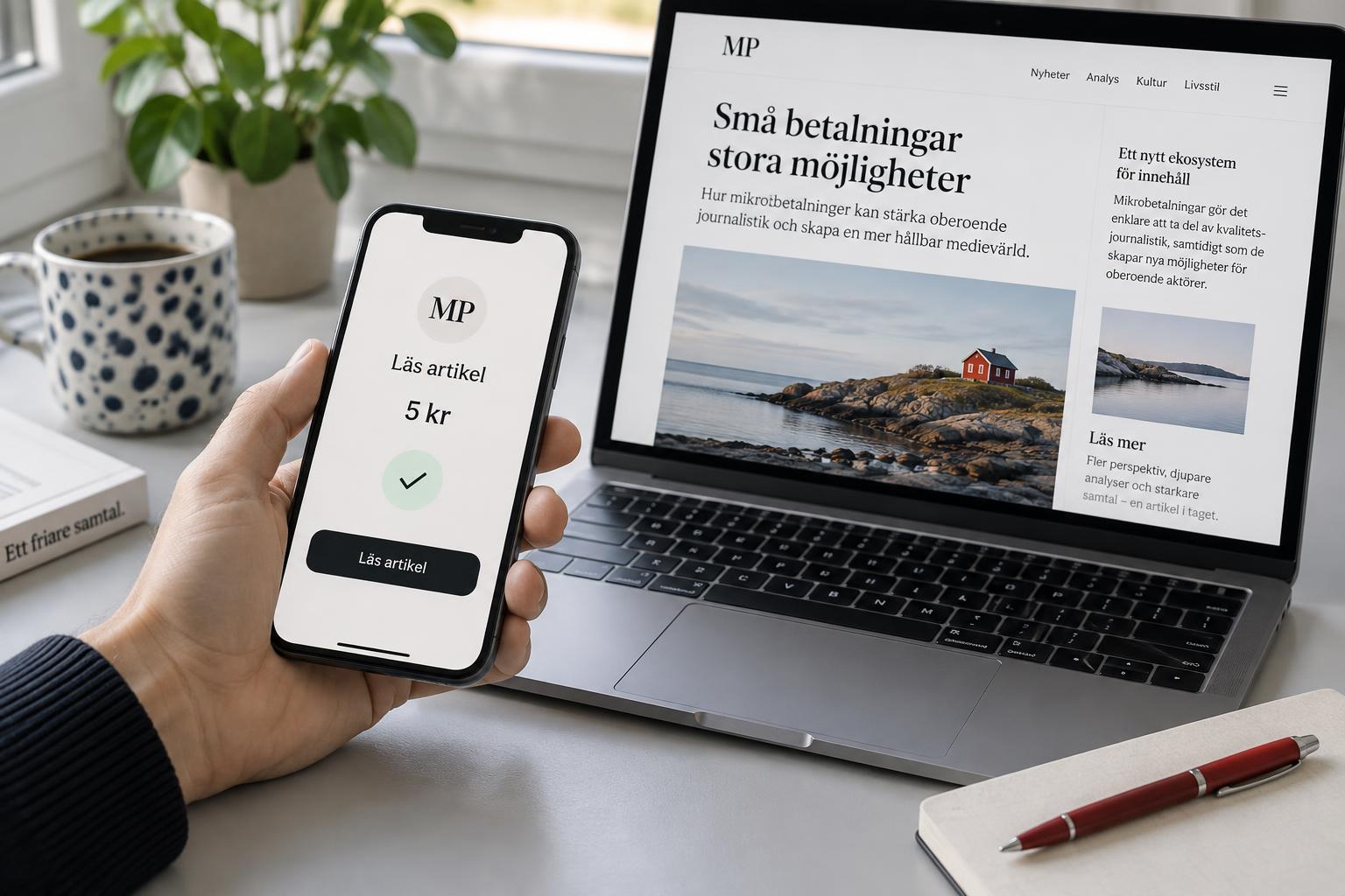 Konceptbild av en mobil med en betalning på fem kronor för en artikel