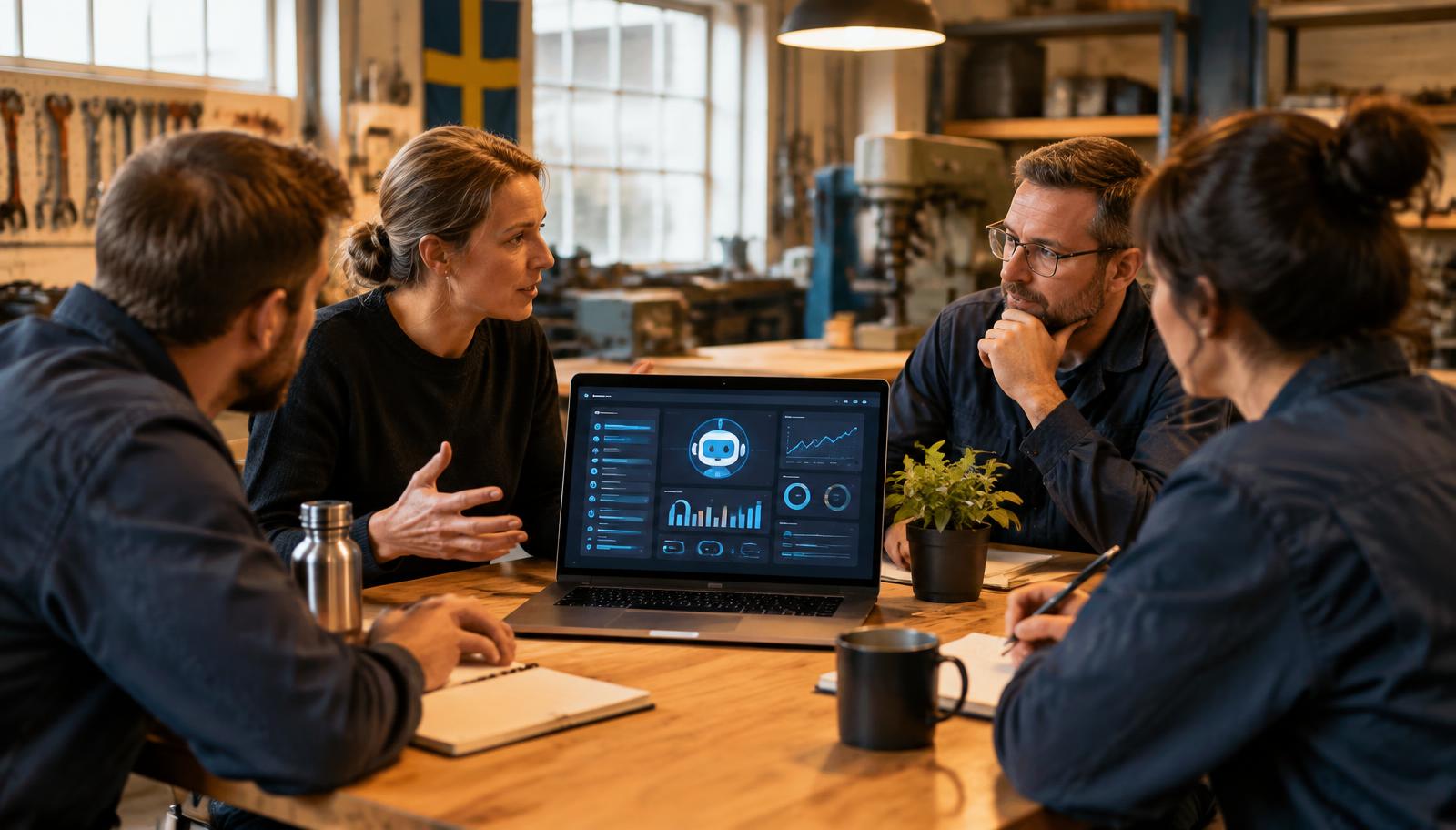 Ett litet team diskuterar hur AI-verktyg ska användas i verksamheten