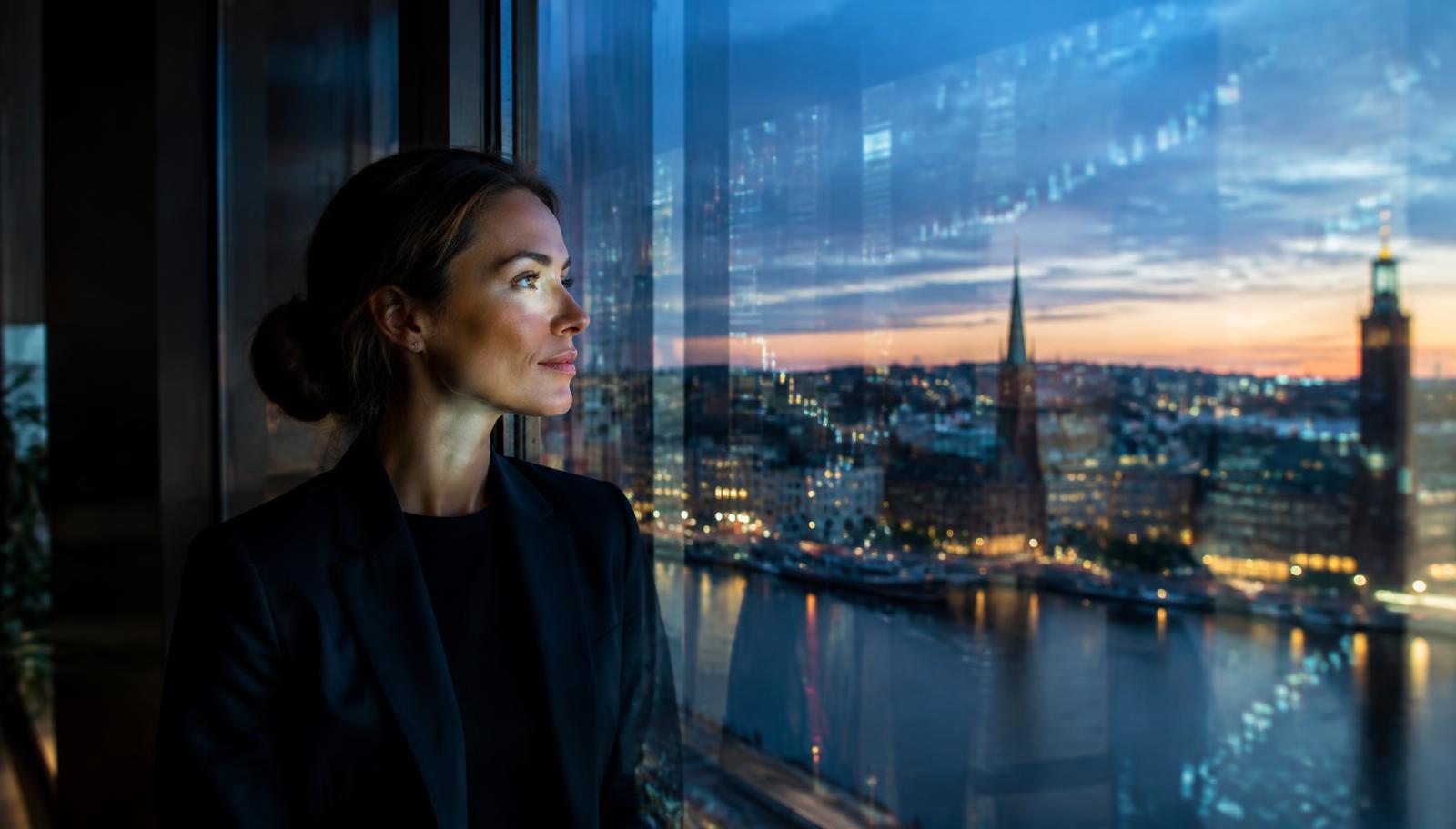 En företagare blickar ut över staden i skymningen