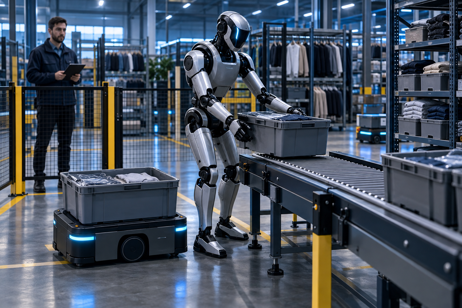Illustration av en humanoid som flyttar en plastback till ett transportband.