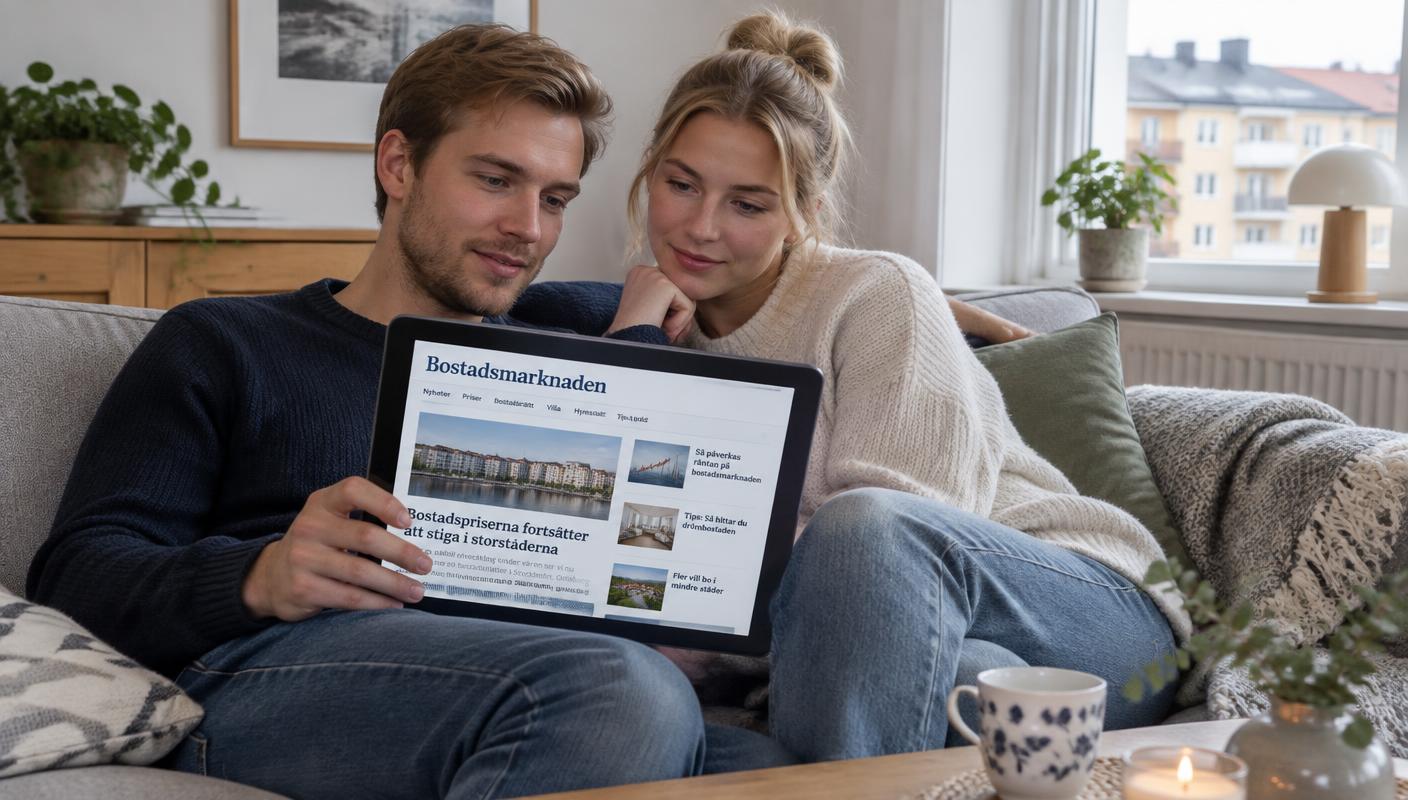 Ett par läser Bostadsmarknaden på surfplattan hemma i soffan