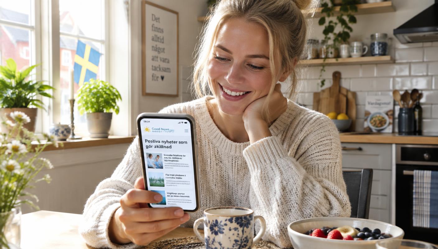 En läsare tar del av goda nyheter i mobilen över frukosten
