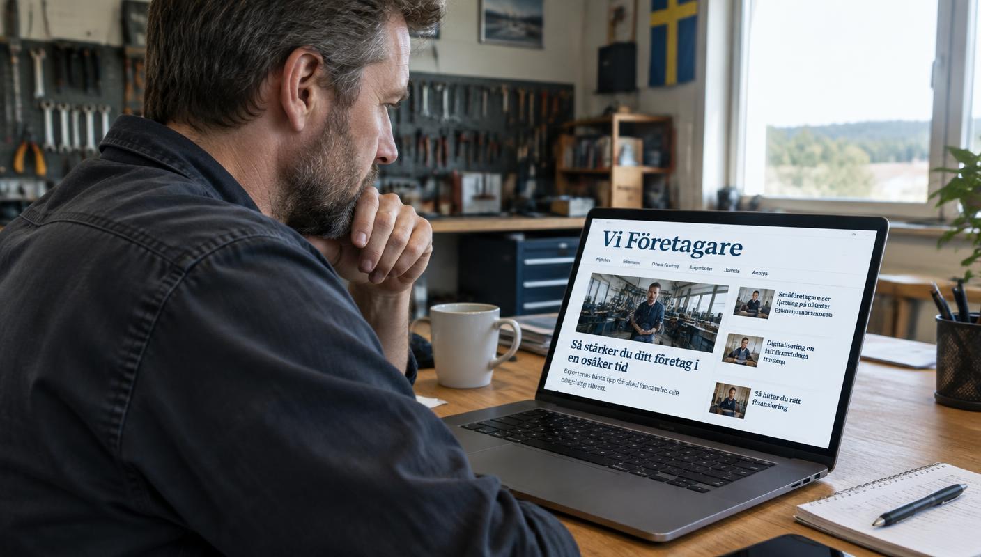 En företagare läser Vi Företagare på datorn i sin verkstad
